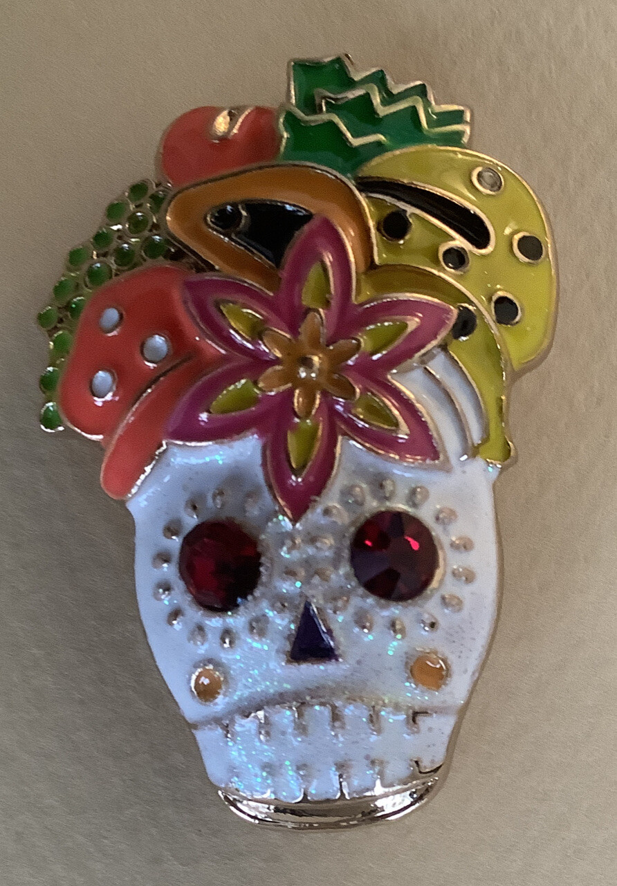 HALLOWEEN SUGAR SKULL BROOCH PIN — Colorful Enamel on Gold-tone — 5.0cm X 3.5cm