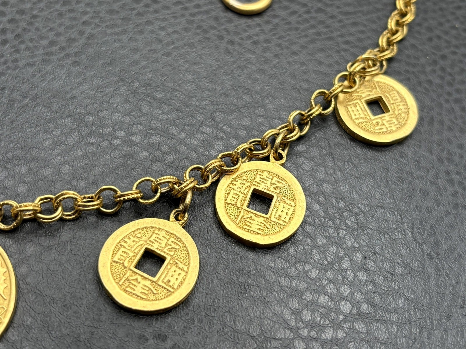 VTG Gold Tone Chinese Asian Style Coin Bib Charm Necklace Statement 23” Long