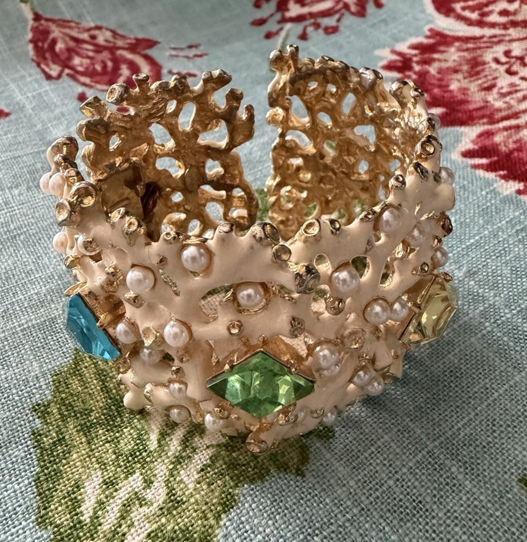 KJL Kenneth Jay Lane Rhinestone White Enamel Coral Hinged Cuff Bracelet