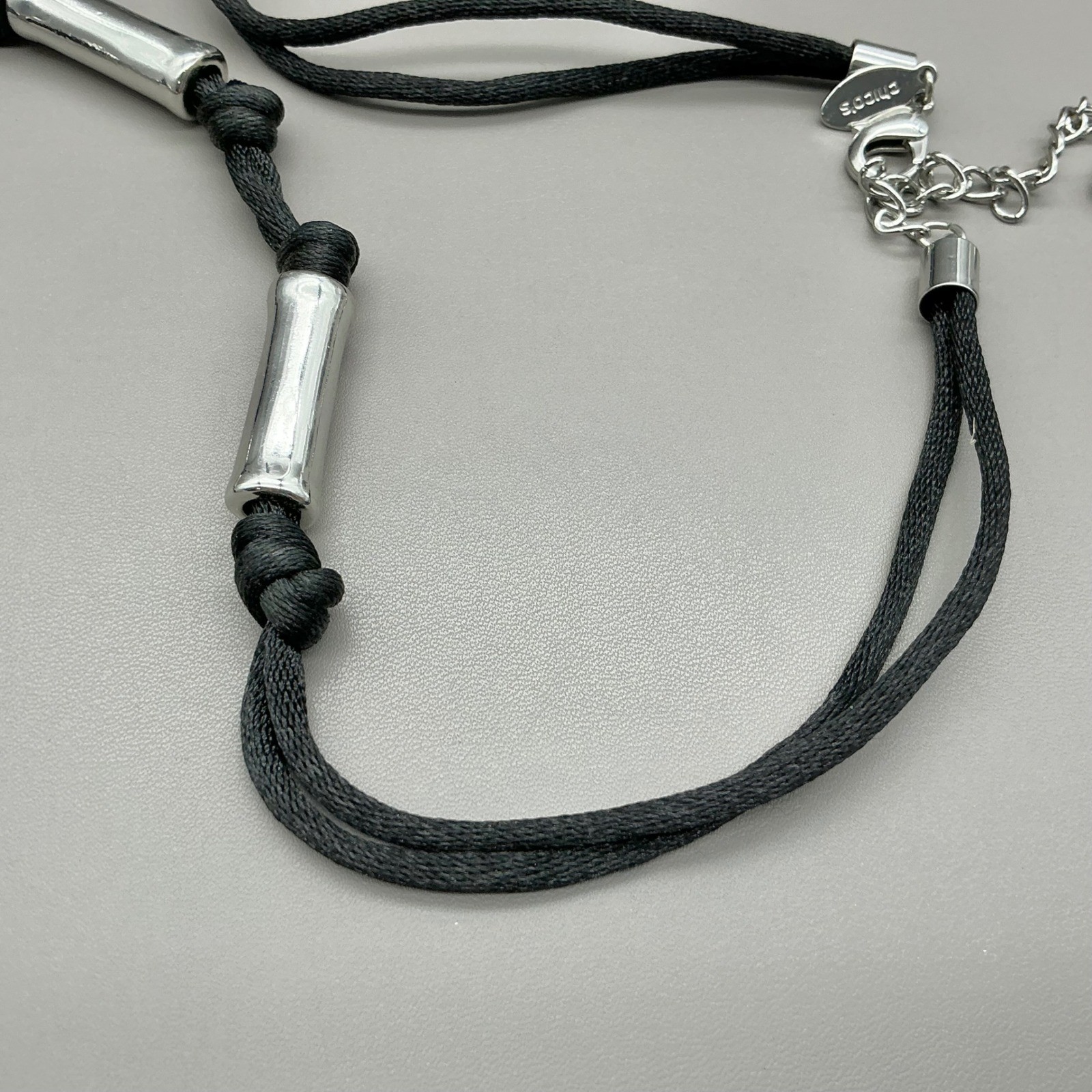 Chicos Necklace Women Silver Tone Black Cord Knotted Tube Bead Adjustable 30 In