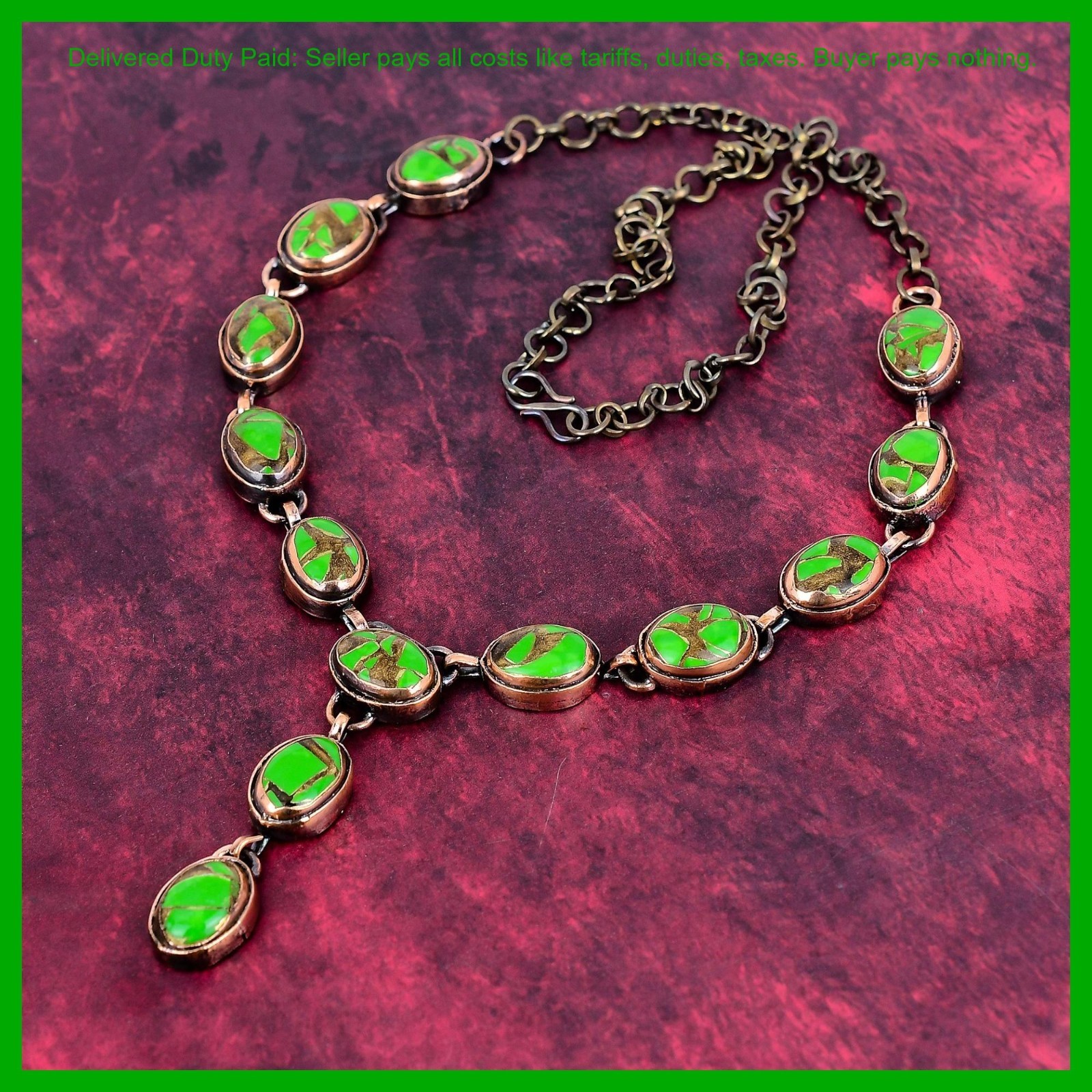 Copper Oval Natural Copper Green Turquoise Chain Electroformed Necklace Jewelry