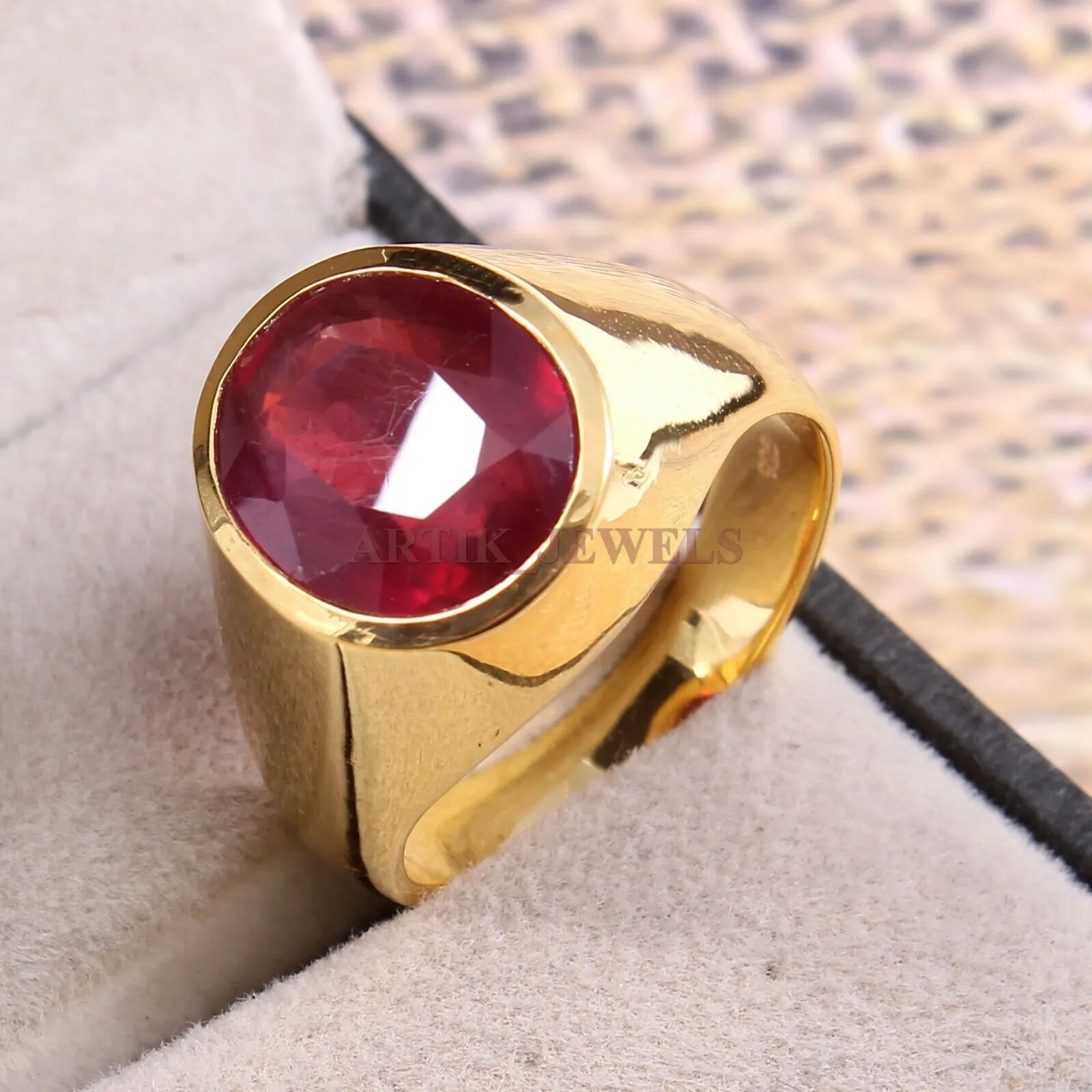 Heated Ruby Gemstone with 14K Gold Plated Silver Ring for Men’s #AJ