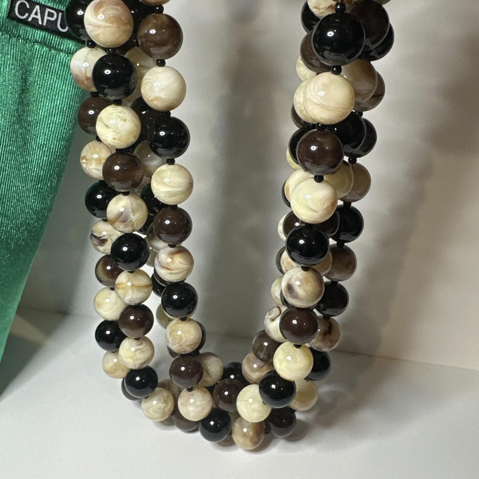 Angela Caputi Huge Multi Strand Black Brown Beige Beads Resin Necklace 18”
