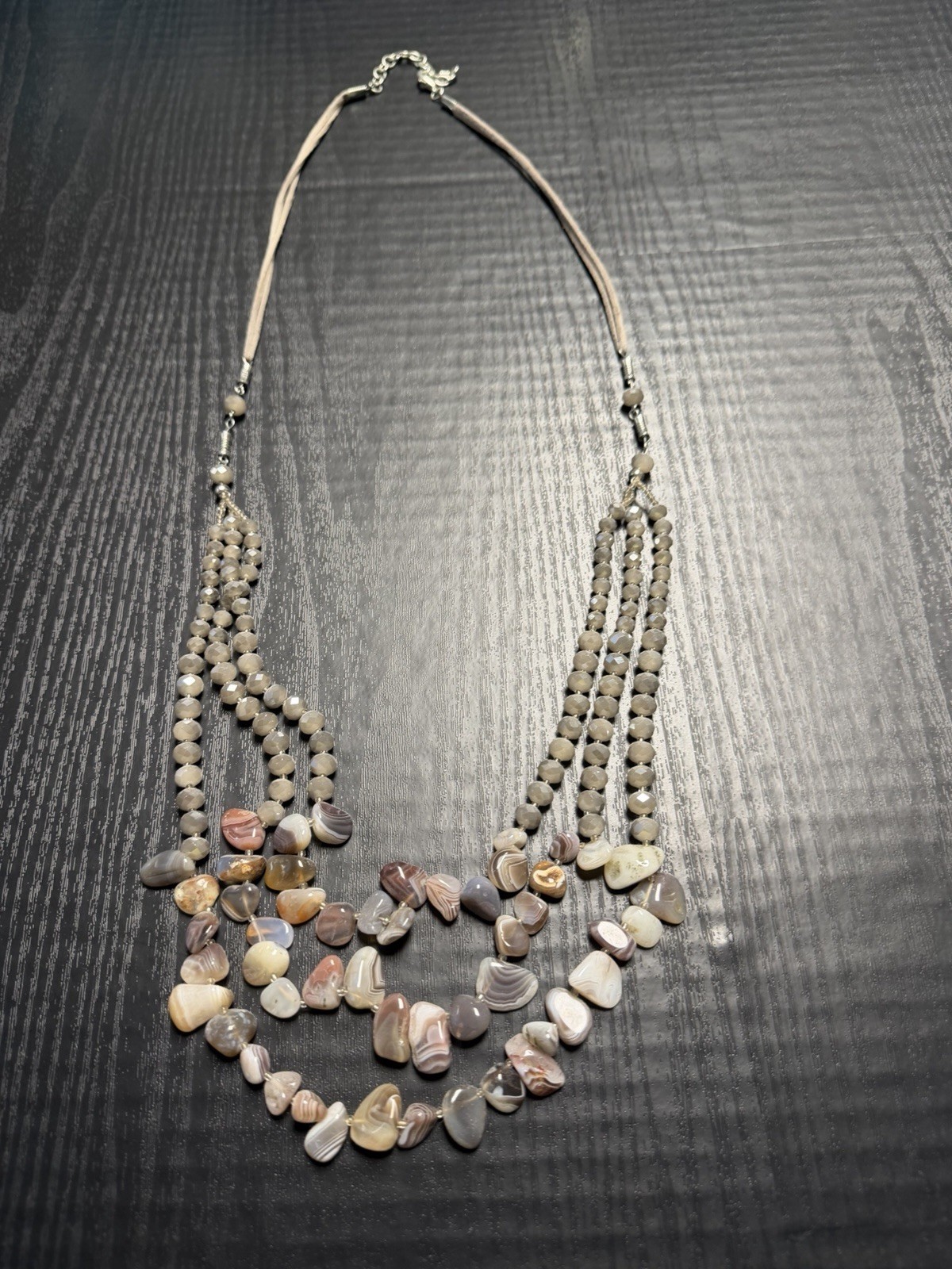 Layered Beaded Stone Necklace Gray Brown Beige Lobster Clasp Irregular Shape