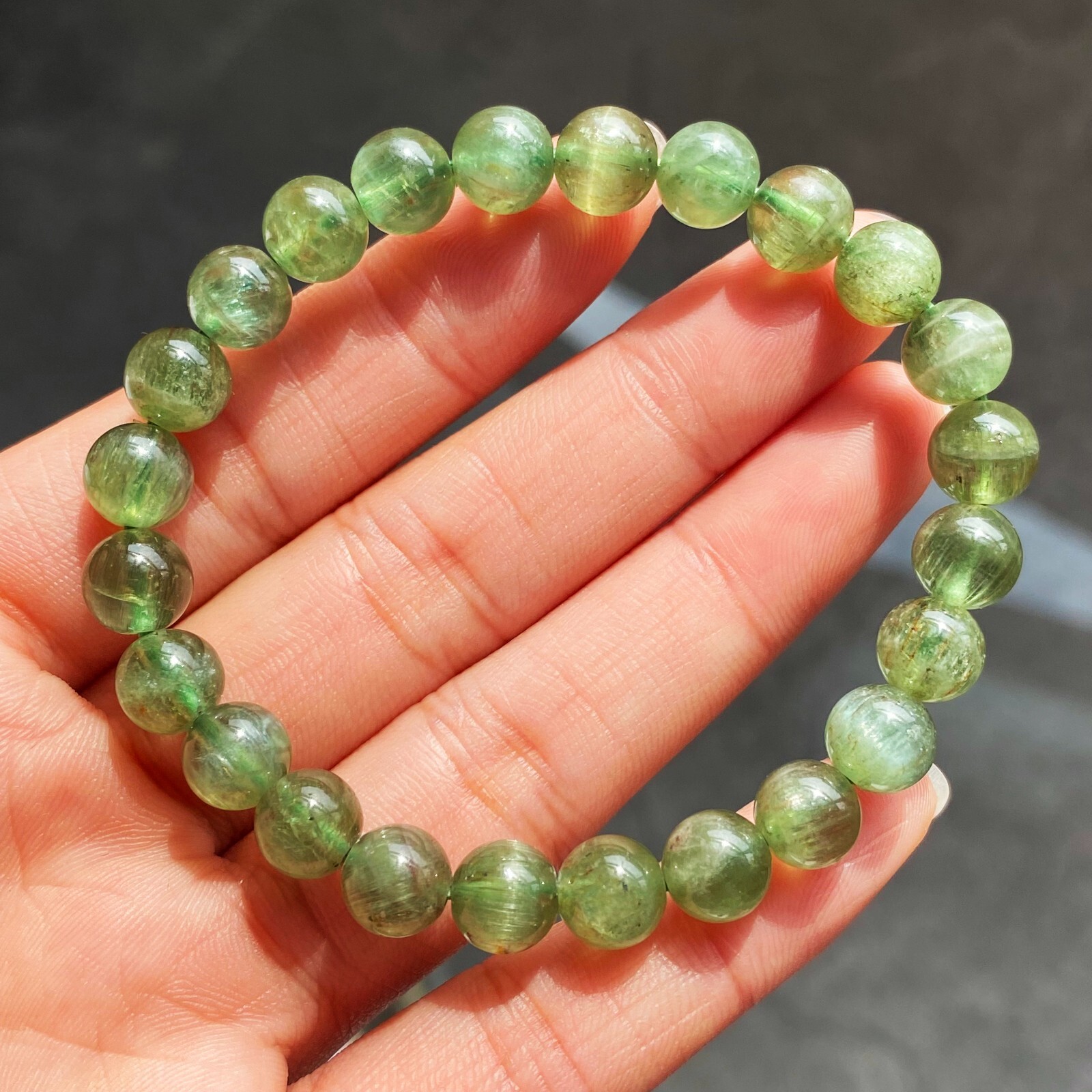 7.8mm Natural Green Kunzite Crystal Round Cat’s Eye Beads Bracelet B1