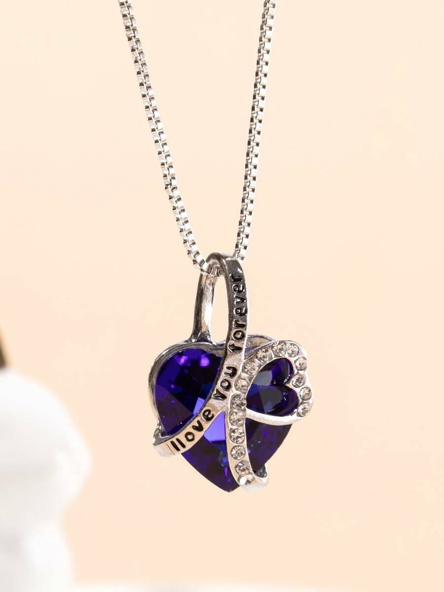 💙 New Rhinestone Charm Heart Necklace Blue Pendant Graphic Silver Tone Alloy💙