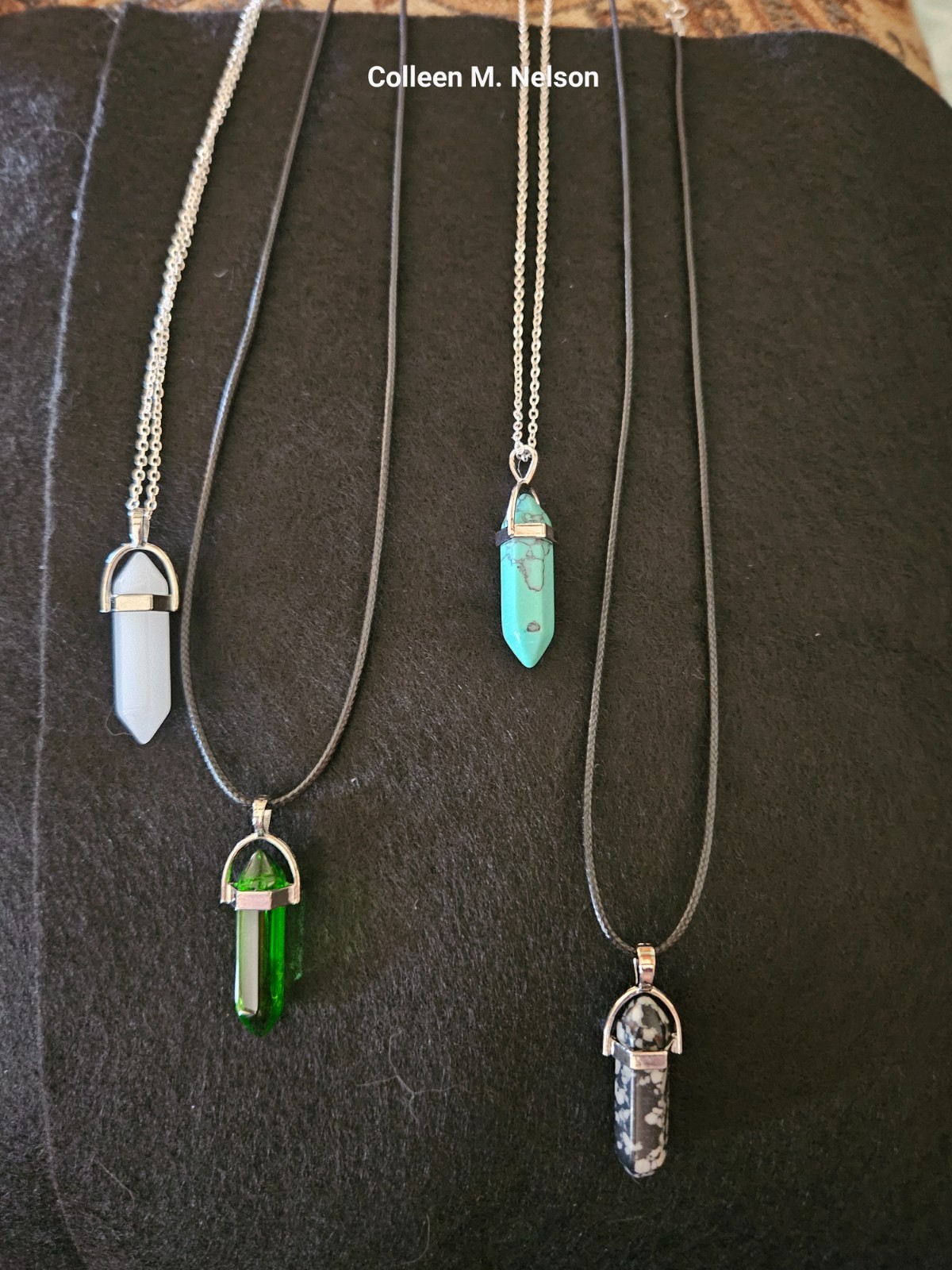 crystal pendants with silver, leather cord, medium length, various colors