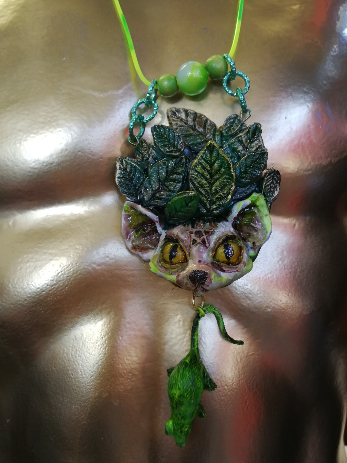 Green Witch Wicca Talisman Celtic Amulet Pendant Charm Forest Leaf Cat Nature