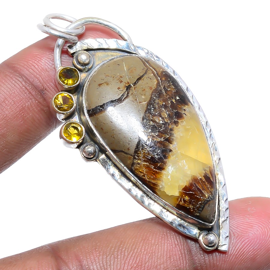Septarian Stone & Lemon Topaz 925 Sterling Silver Pendant 2.36″ T7