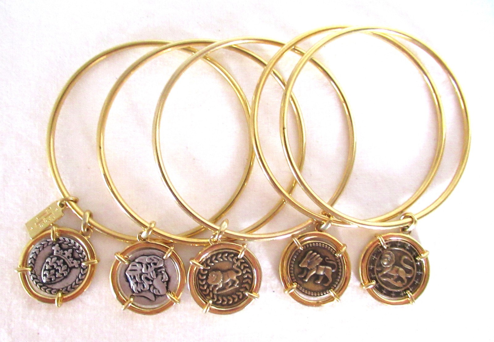 Set of 5 Elizabeth Taylor Roman Bangle Bracelets, Gold-Tone w/ Coin Charms