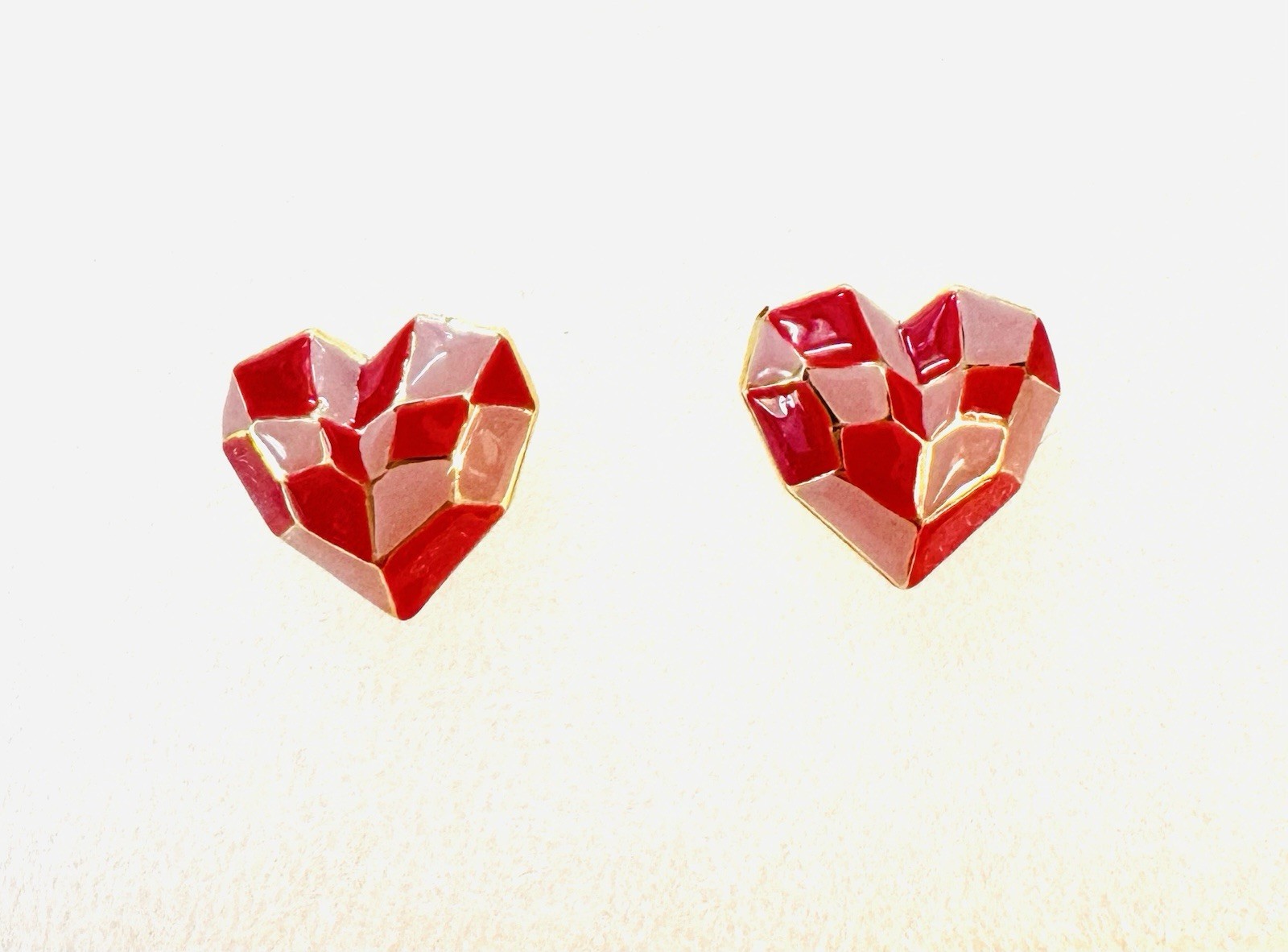 14K Gold Plated Geometric Heart Studs REAL Pink & Lipstick Red Enameling