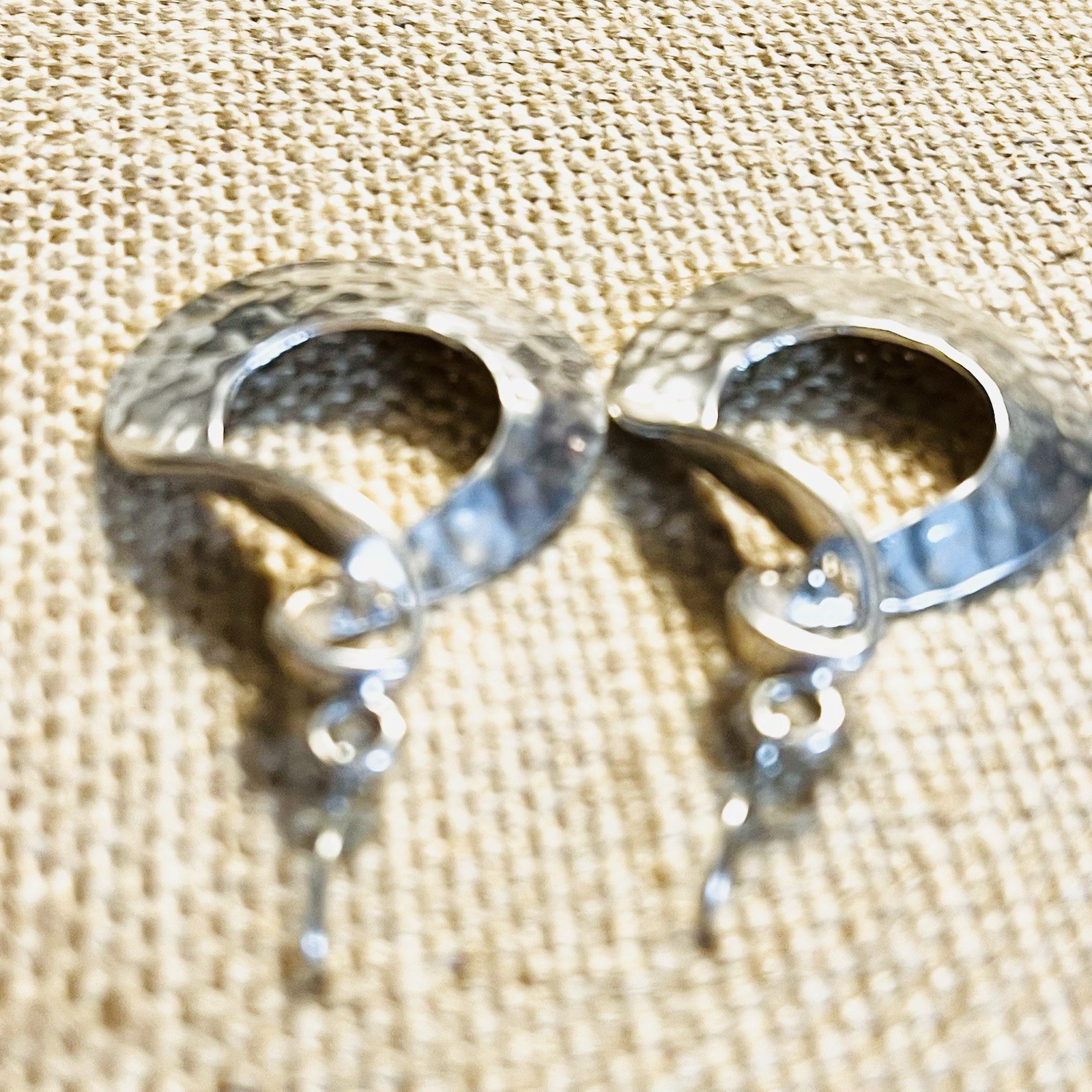 Hammered Silverplate Pierced Earrings 1 3/4 Inches Long Twisted Oval Dangles