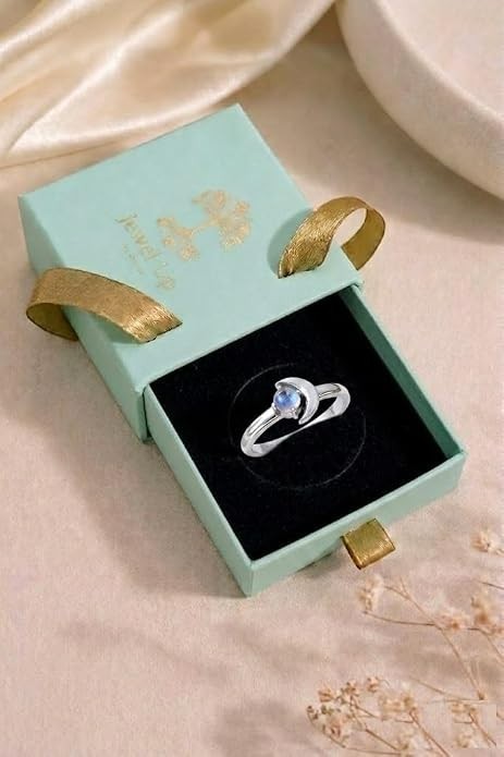 925 Sterling Silver Natural Rainbow Moonstone Crescent Moon Round Ring for Women