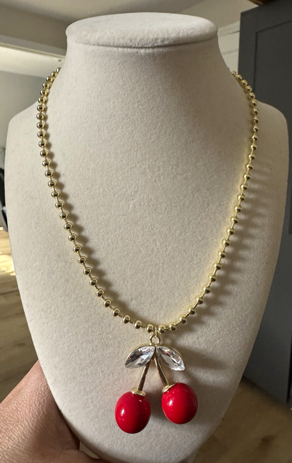 Gold Tone Metal Ball/Bead Chain Necklace w/ Cherry Charm Pendant, No Stone