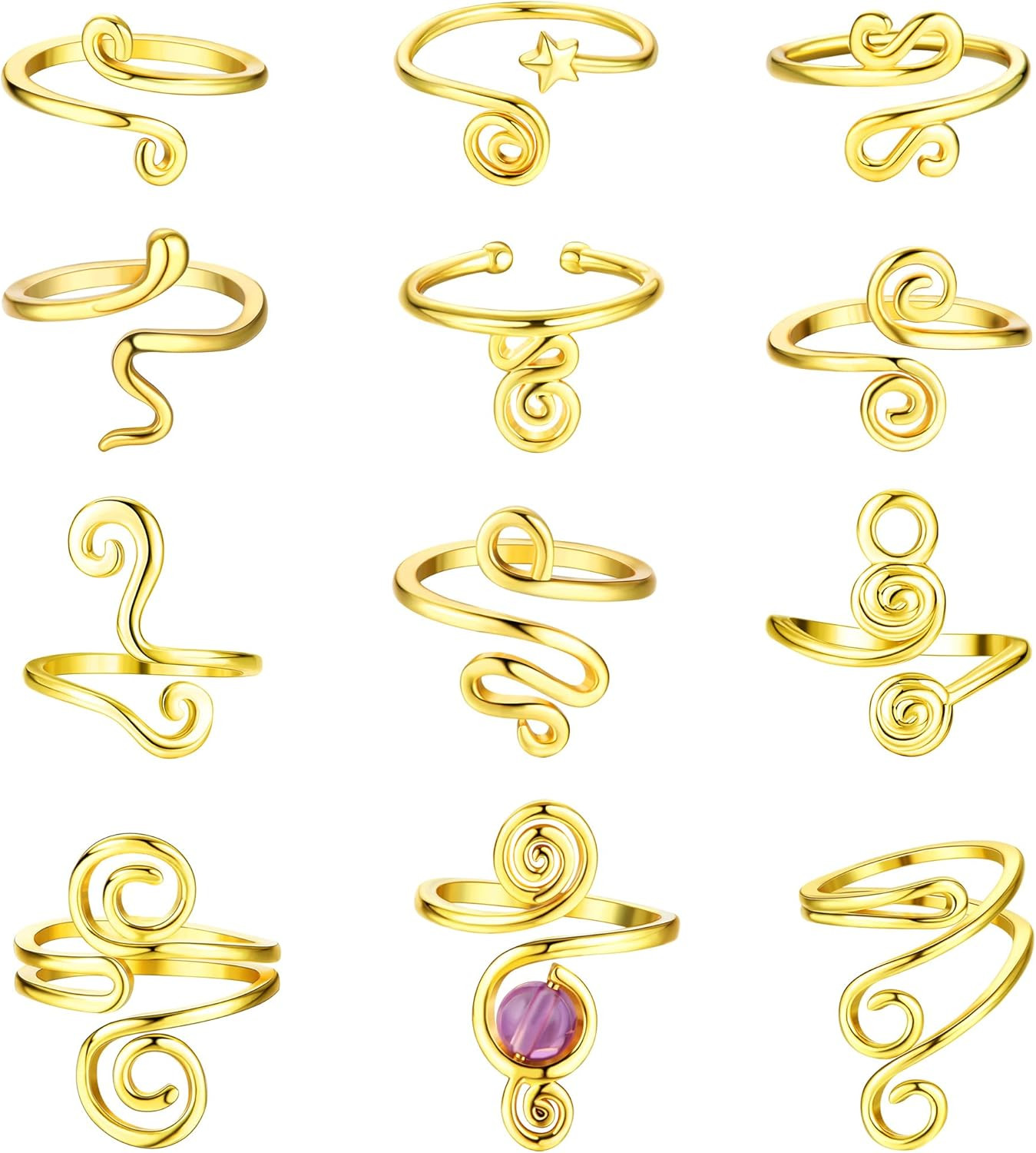 12PCS Adjustable Toe Rings for Women 14K Gold Plated Open African Toe Rings Summ