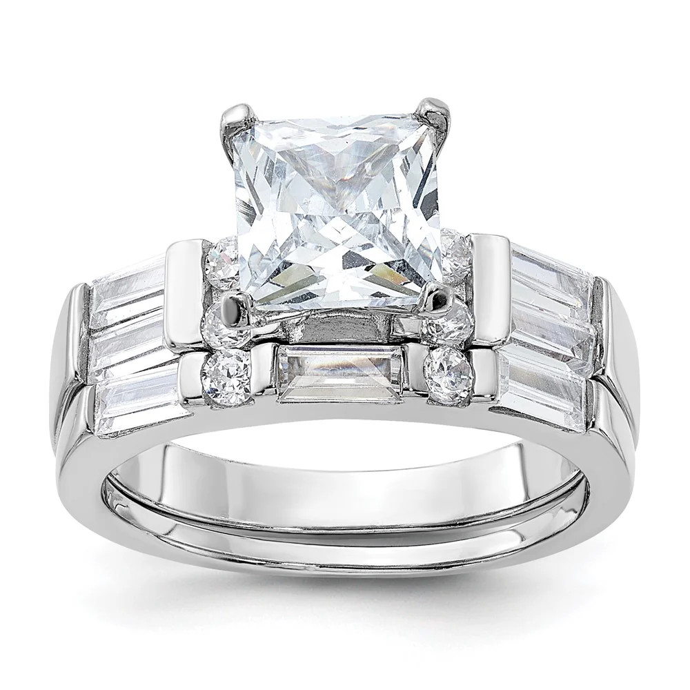 Sterling Silver Rhodium-Plated CZ 2 Piece Wedding Ring Set