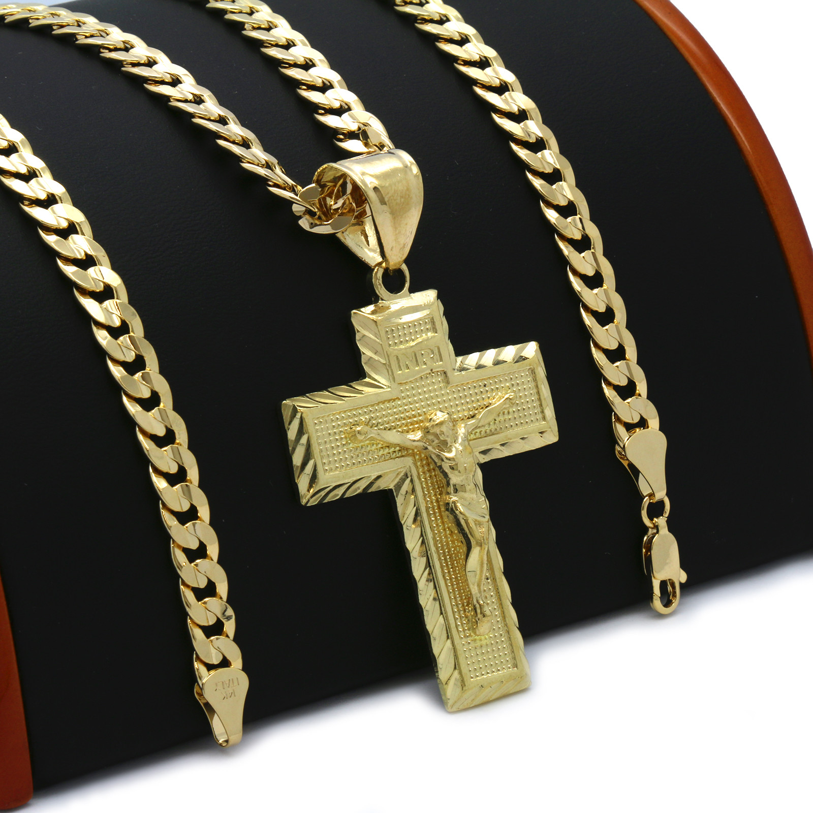 Men’s 18k Gold Plated JESUS CROSS (L) Hip-Hop Pendant 6mm Cuban Chain Necklace