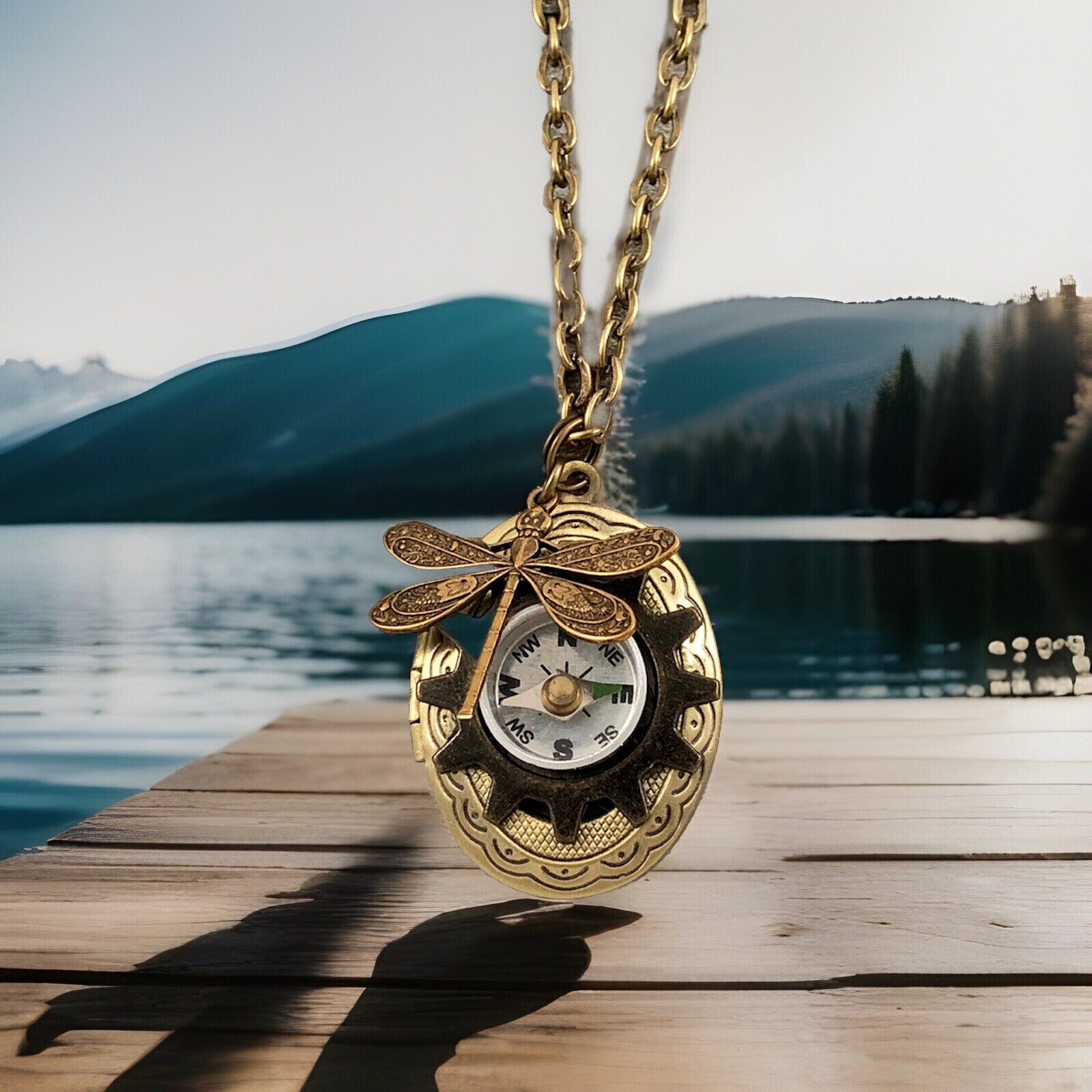 Working Compass Locket Necklace w/ Dragonfly Charm Vtg Pillbox Stash Box Pendent
