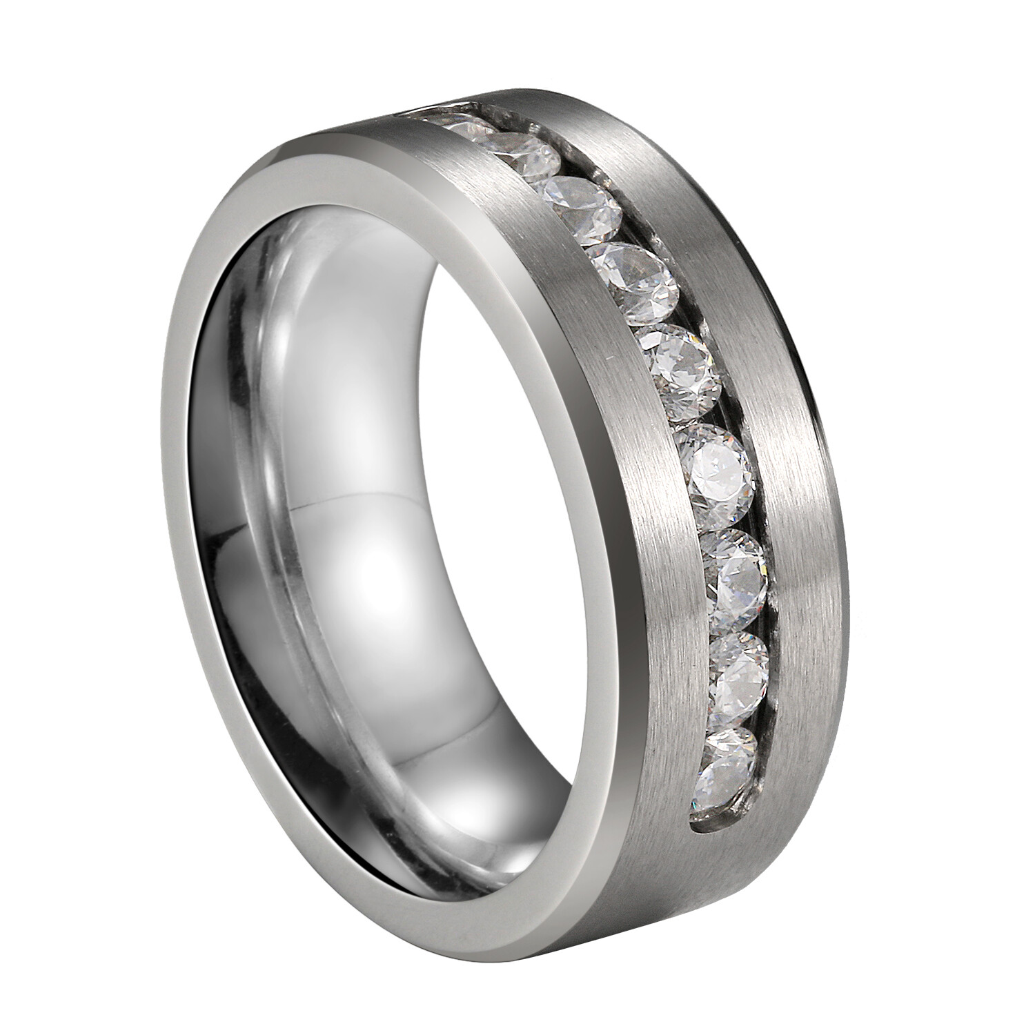 Men’s Women’s High Polish Stainless Steel Cubic Zircon Wedding Band Promise Ring