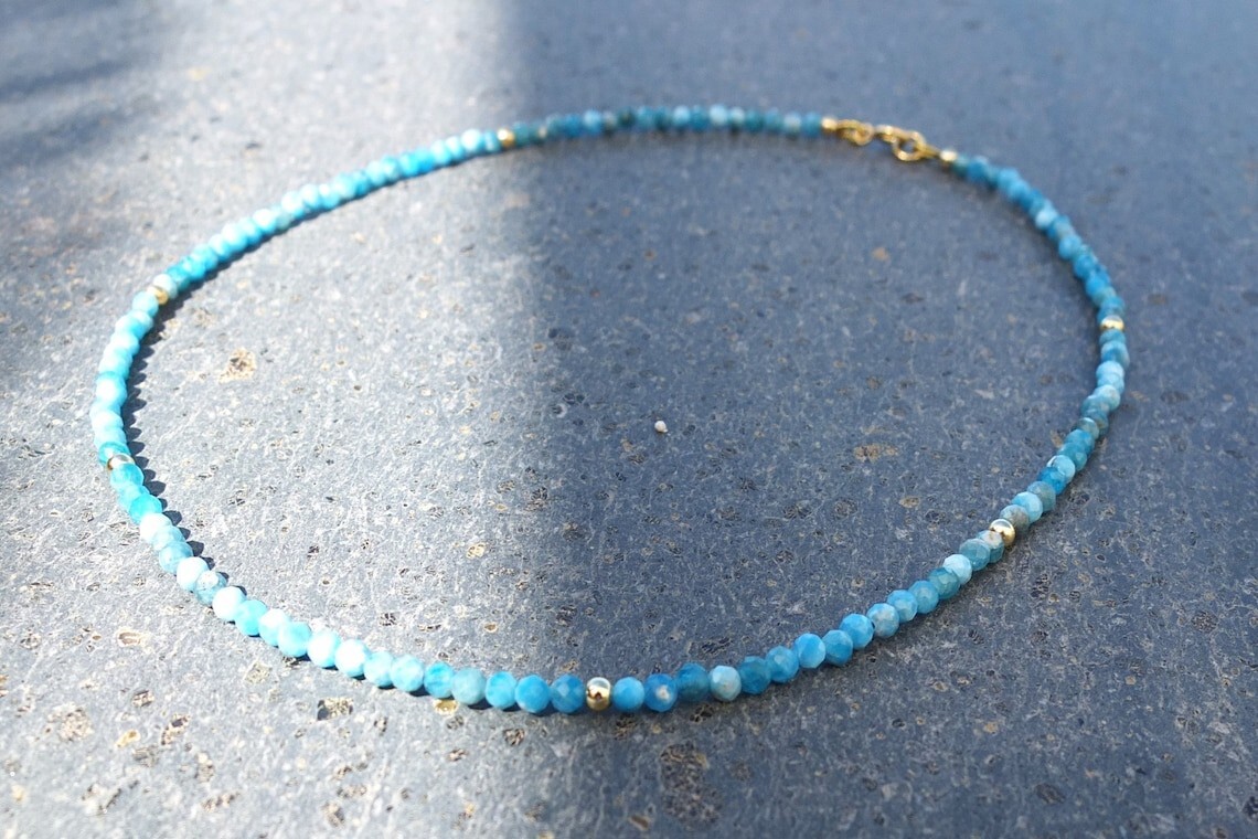 A++Beautiful Apatite Faceted Round Gemstone Gold Feld Beads Necklaces 18” Girls