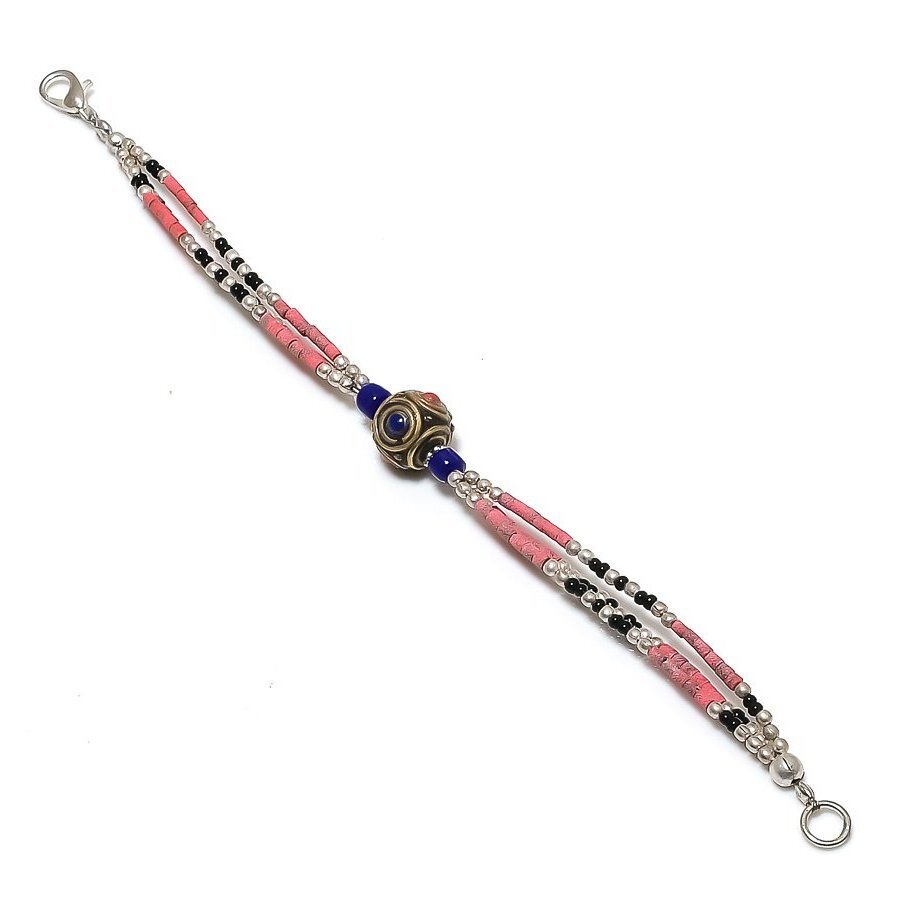 Red Coral Lapis Lazuli Onyx Bracelet Tibetan Silver Beaded Jewelry 6″ NSB 2002