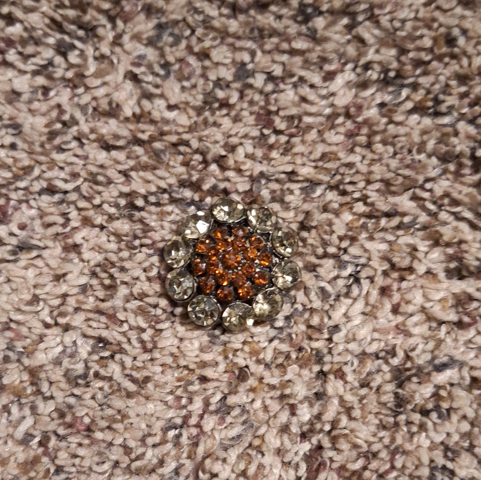 Silver Tone Round Cluster Rhinestone Brooch Pin, Clear & Orange Stones