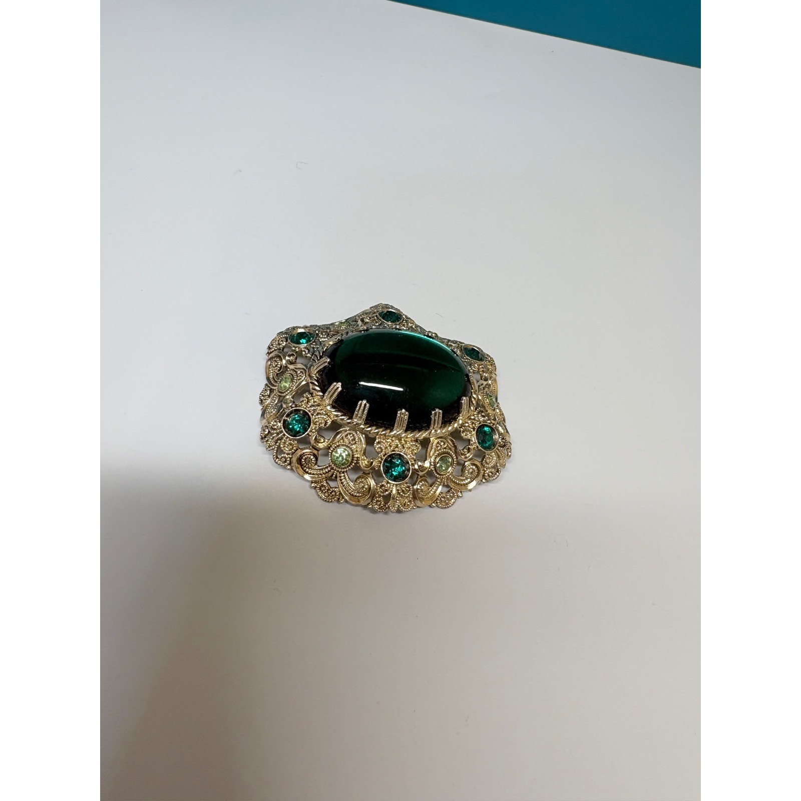 Vintage W Germany Emerald Green Glass Cabochon Gold Tone Filigree Brooch Pin