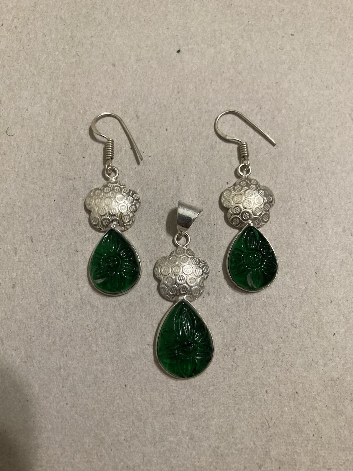 Green Chromium Diopside Earrings Necklace Pendant Jewelry Set Flower Teardrop