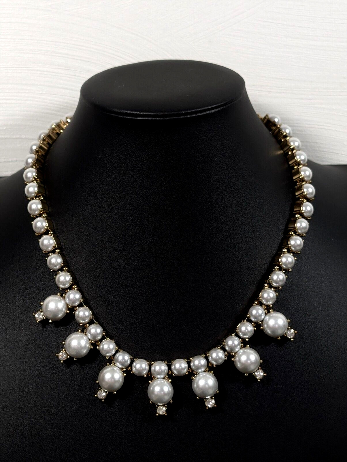 Gold Tone White Faux Pearl Rhinestone Tennis Statement Neckalce Bridal 17 in