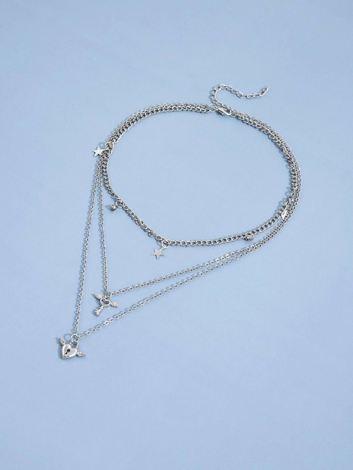 Fashion Women Multilayer Retro Necklace Keyhole Heart Wings Star Pendant 0373