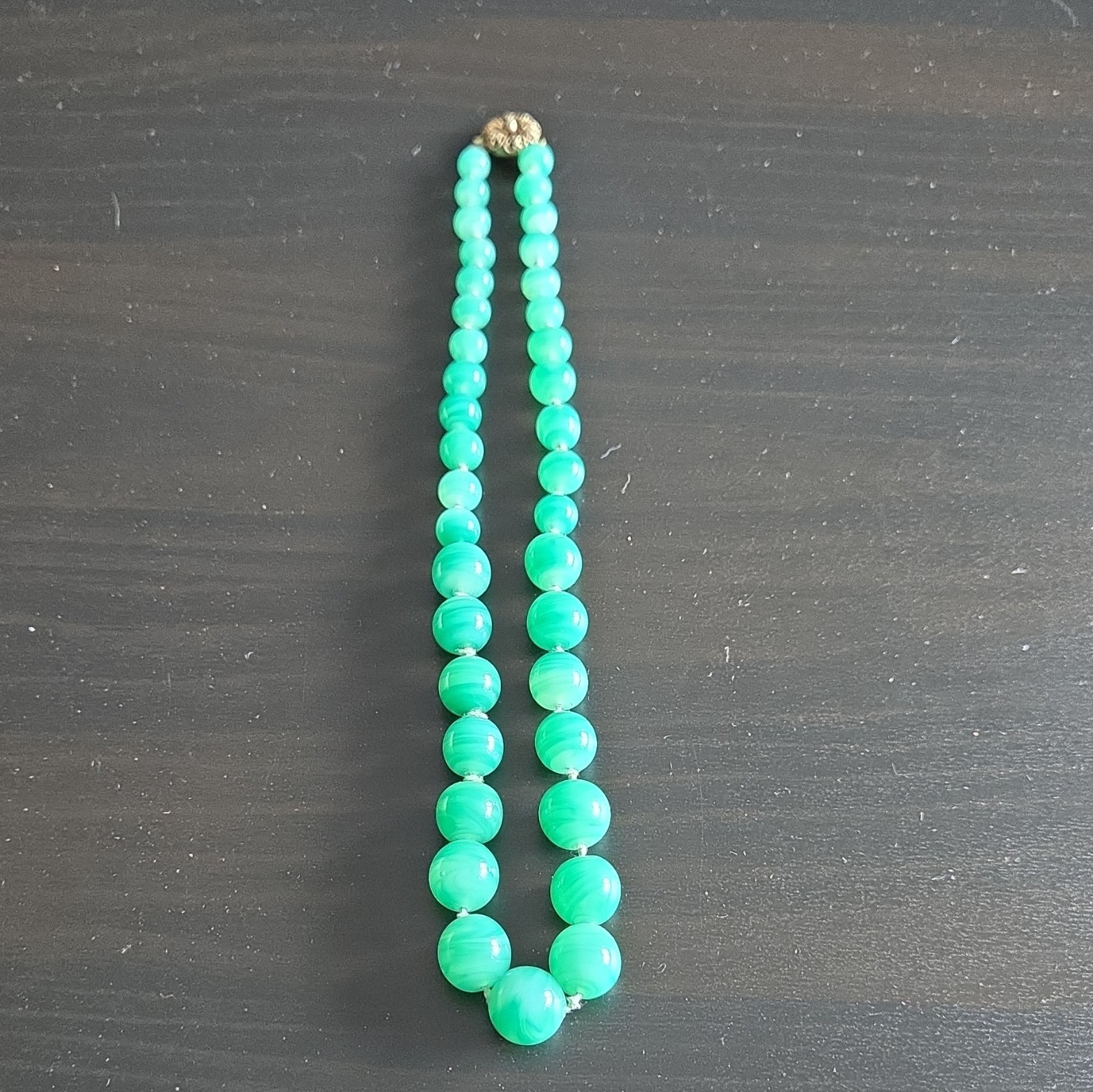 Vintage Bergere Green Round Beaded Necklace, Signed, Box Clasp, 17 in