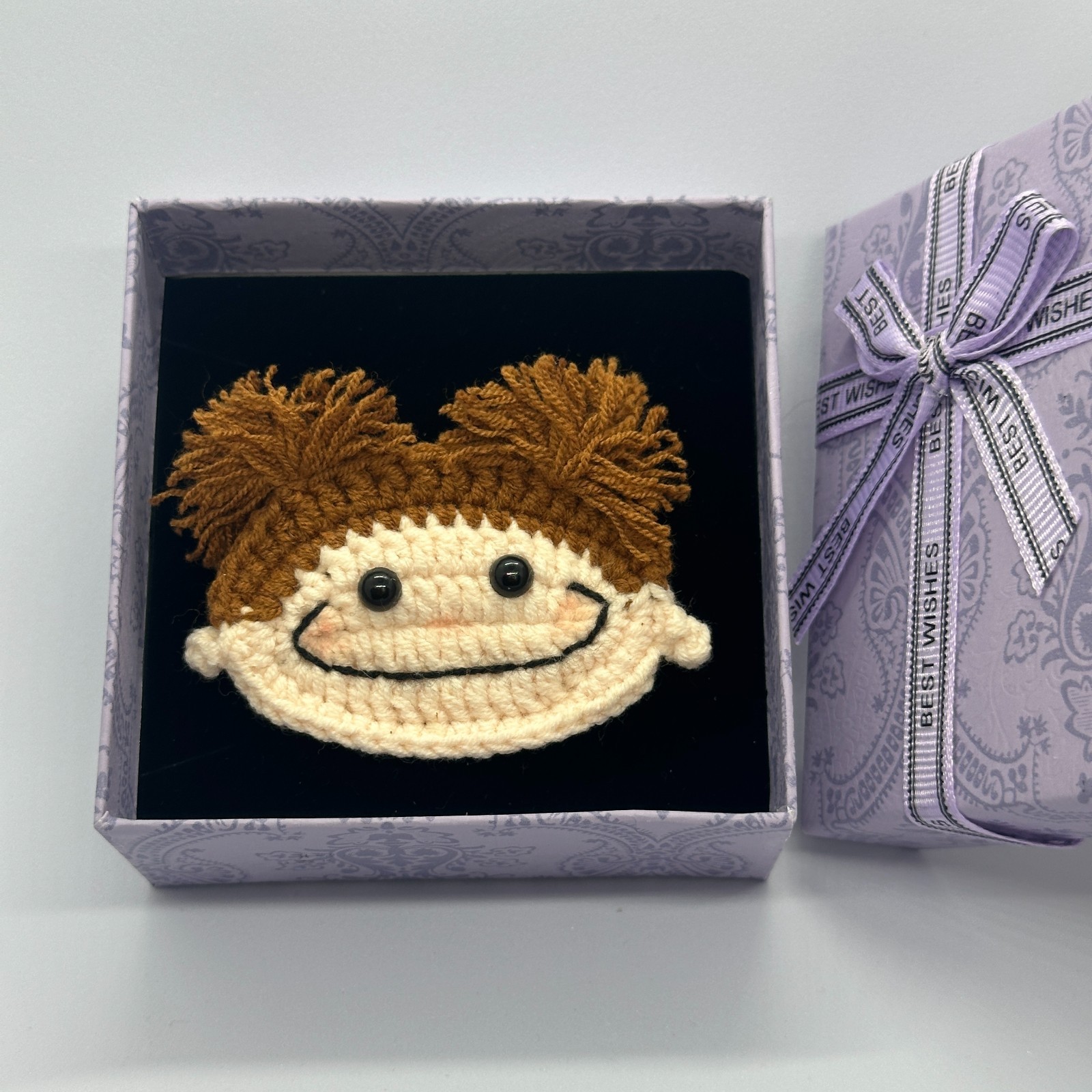 Handmade Crochet GirlClip Cute Double Buns Doll Face Brooch Amigurumi Badge Gift