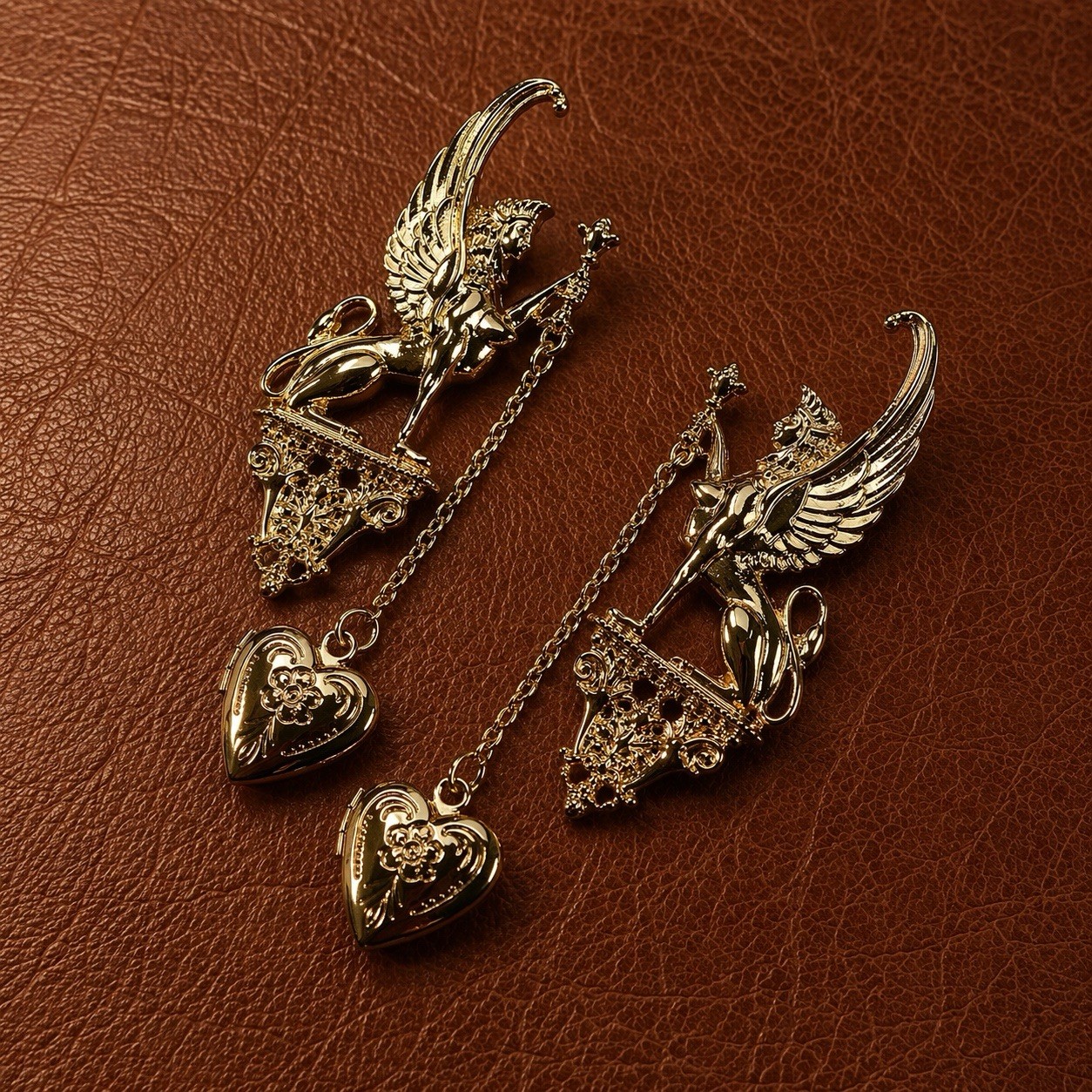 Medieval Earrings Wings Griffin Cherub Heart Antique VTG Gold Victorian Museum