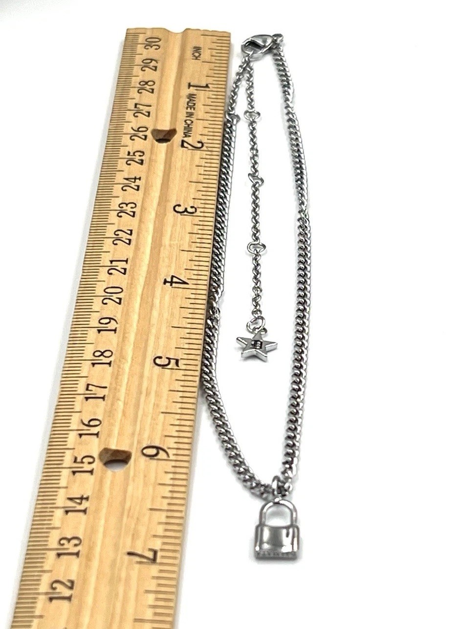Lock Charm Necklace with Star Extender Chain Silver Tone Minimalist