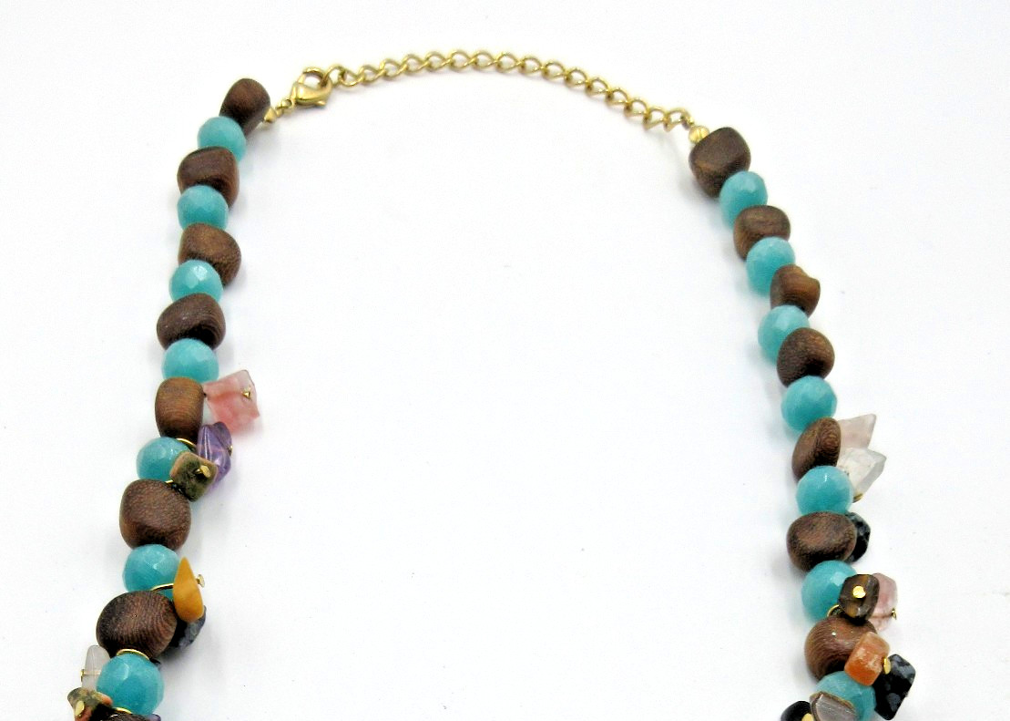 MODERN 21.5″ Colorful pink blue purple gold tone brown wood bead strand Necklace