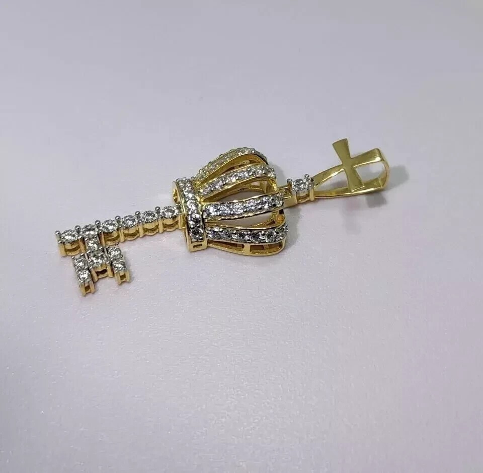 2 Ct Round Cut Simulated Diamond Key Shape Pendant Chain 14k Yellow Gold Plated