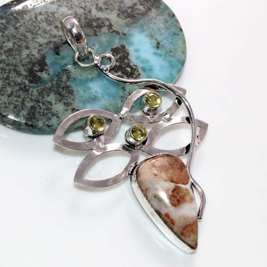 925 Silver Plated Long Natural Garnet In Limestone Citrine Pendant 2.4″ MJ