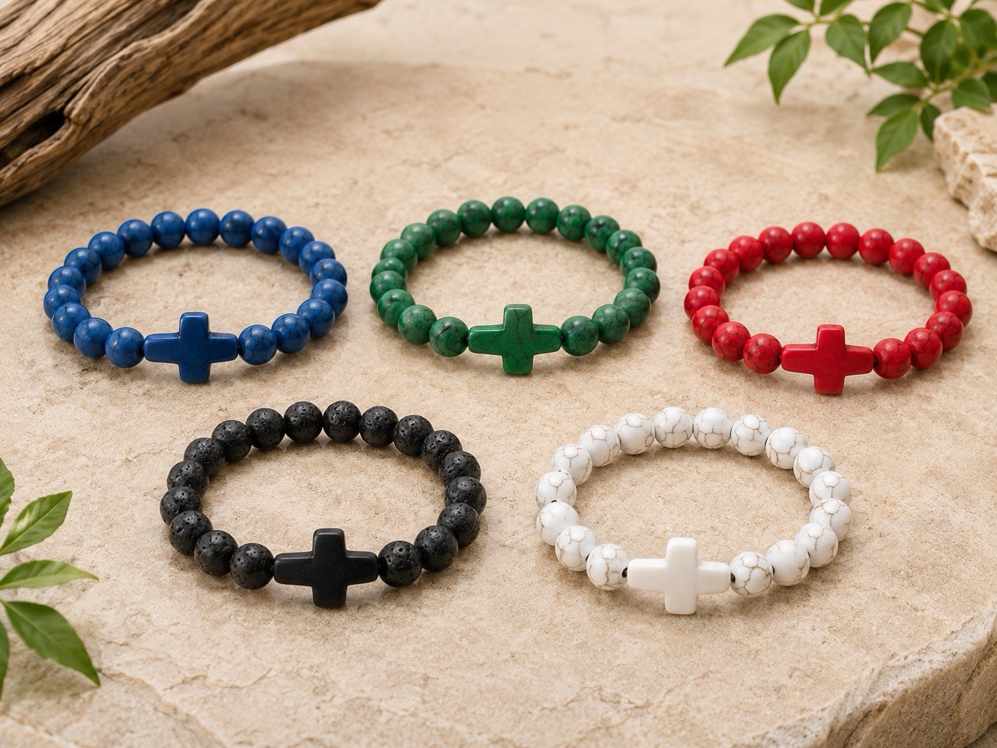 Christian Cross Beaded Bracelet Semi-Precious Stone Stretch Bracelet 8MM
