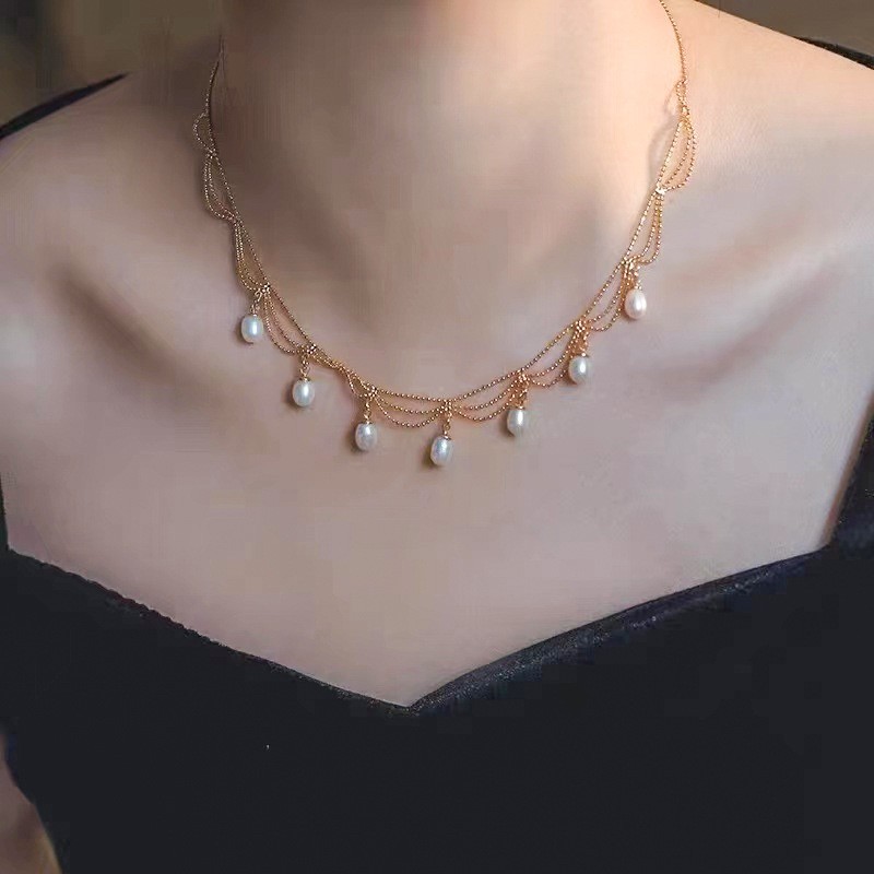Vintage Lace Pearl Tassel Choker, 14K Gold Filled Natural Freshwater Necklace