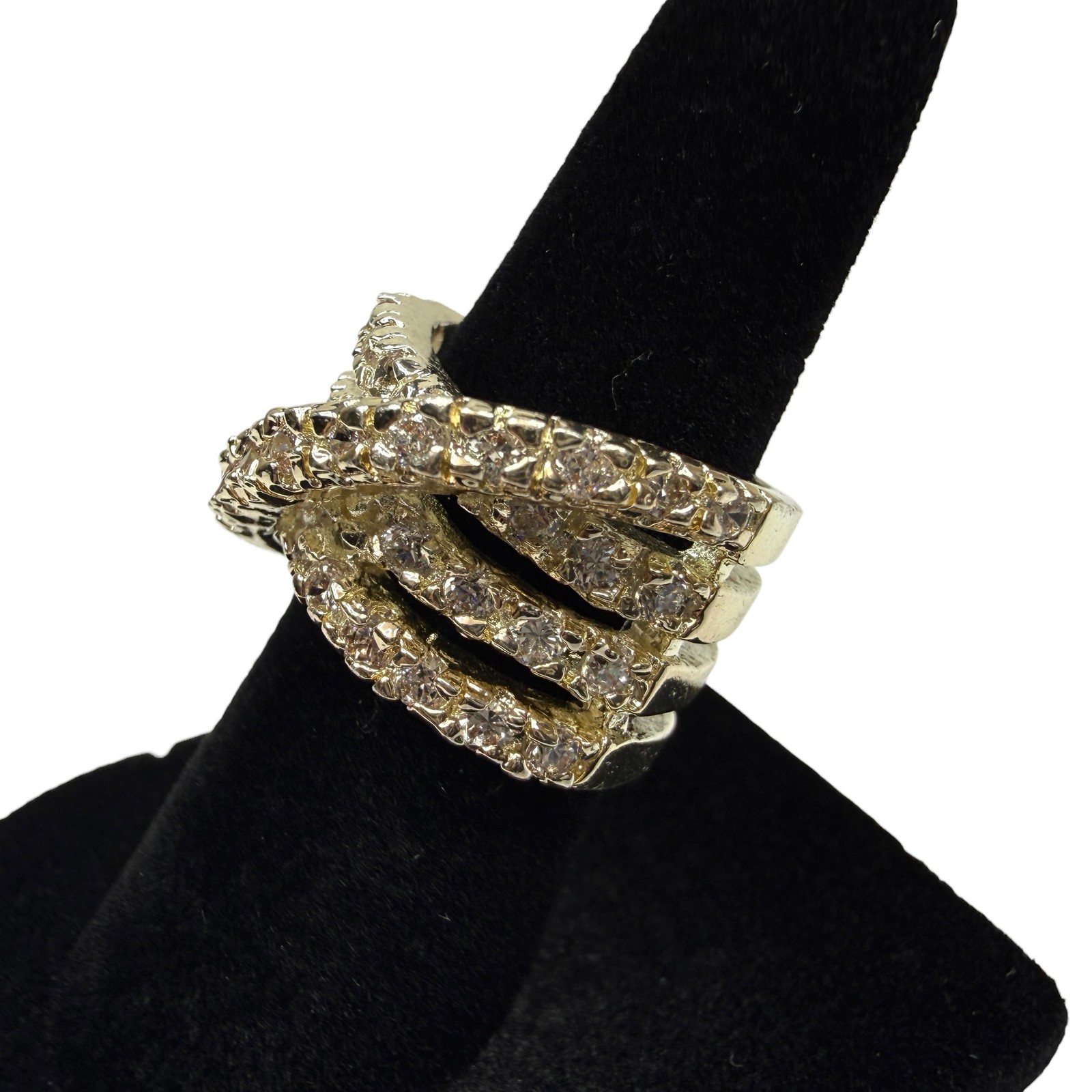 Sparkling Crisscross Band Statement Ring Gold Tone Clear Rhinestone Jewelry Sz 5
