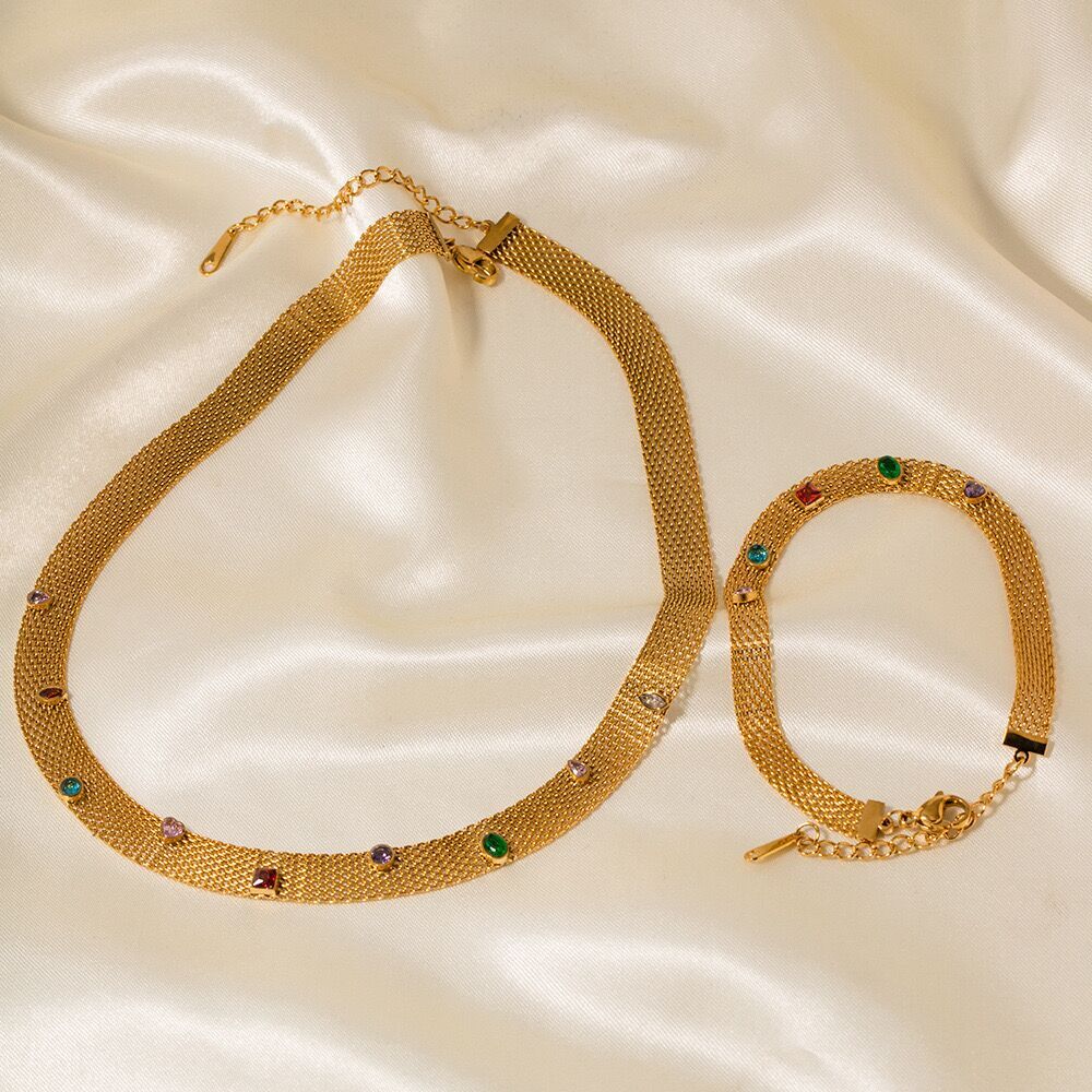 SET Woman 18k Gold Plated Multicolor CZ Mesh Braided Necklace Chain/Bracelet