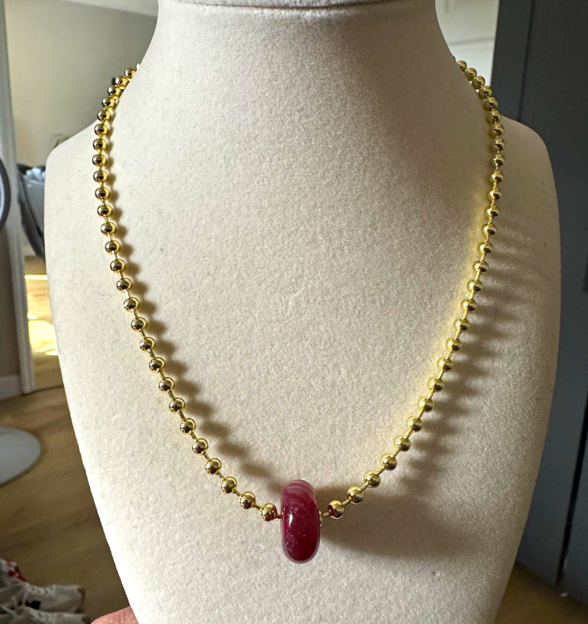 Gold Tone Metal Ball/Bead Chain Necklace w/ Round Charm Pendant, No Stone