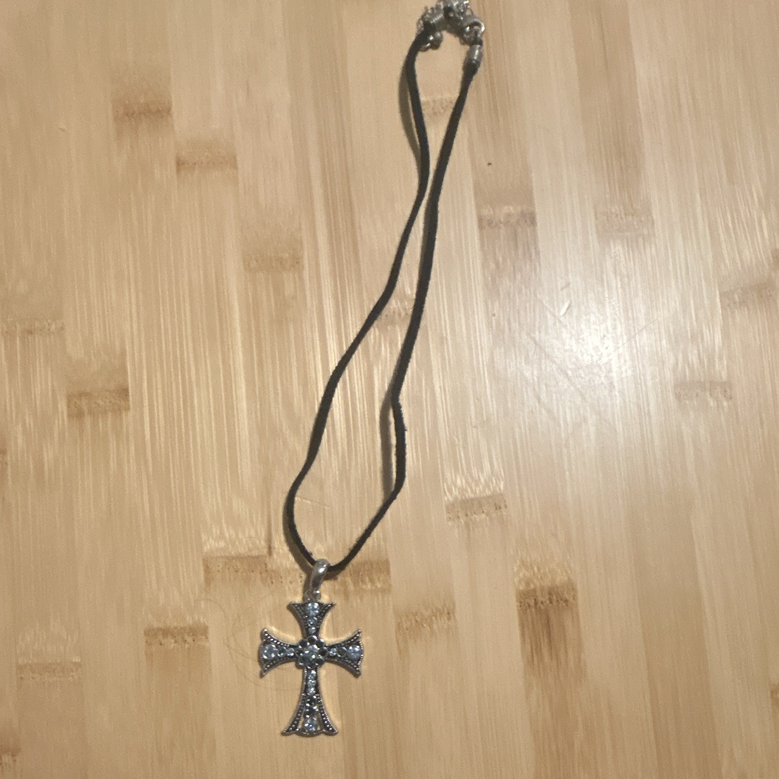 Cross Pendant Necklace Black Faux Leather Cord w/ Black Rhinestones Hook