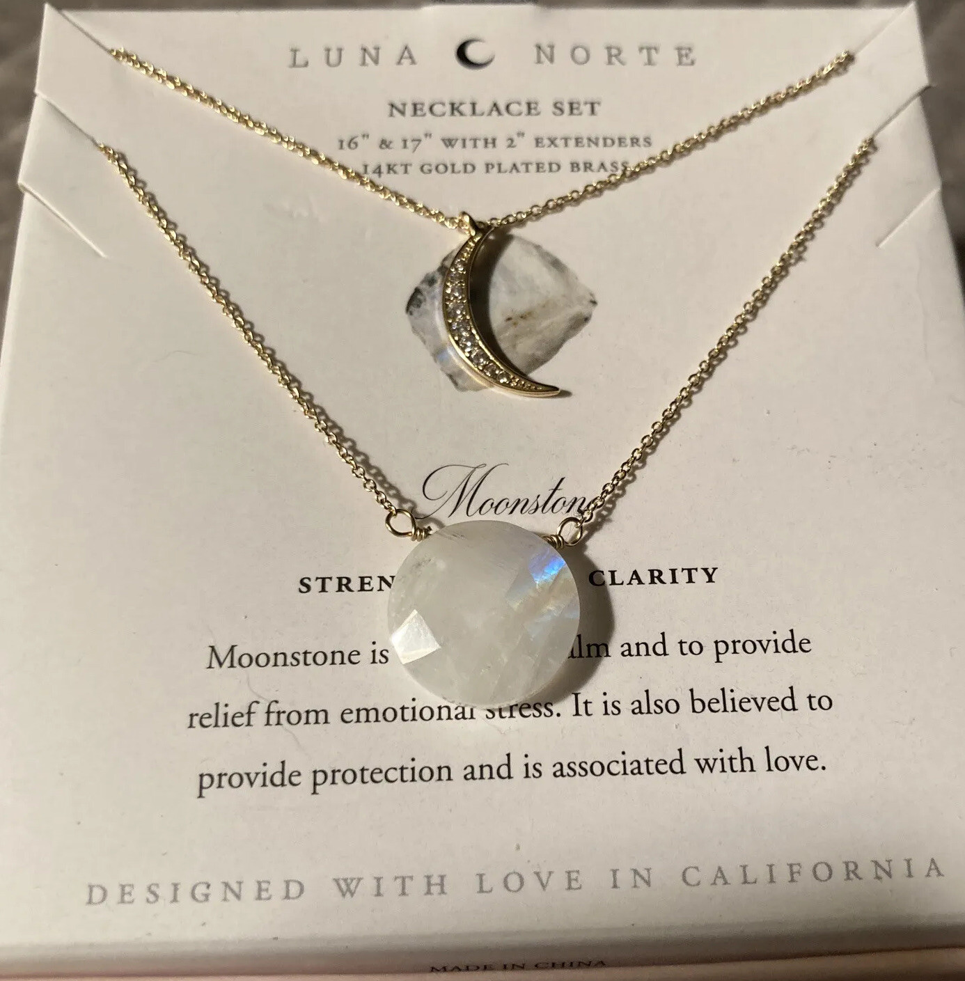 Luna Norte Moonstone 14KT Plated Brass Necklace~Strength~Hope~Clarity~ NIB!