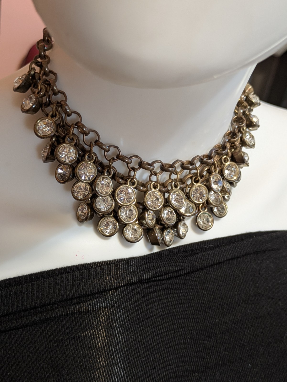 Multi Layered Rhinestone Brass Mesh Rolo Chain Collar Necklace