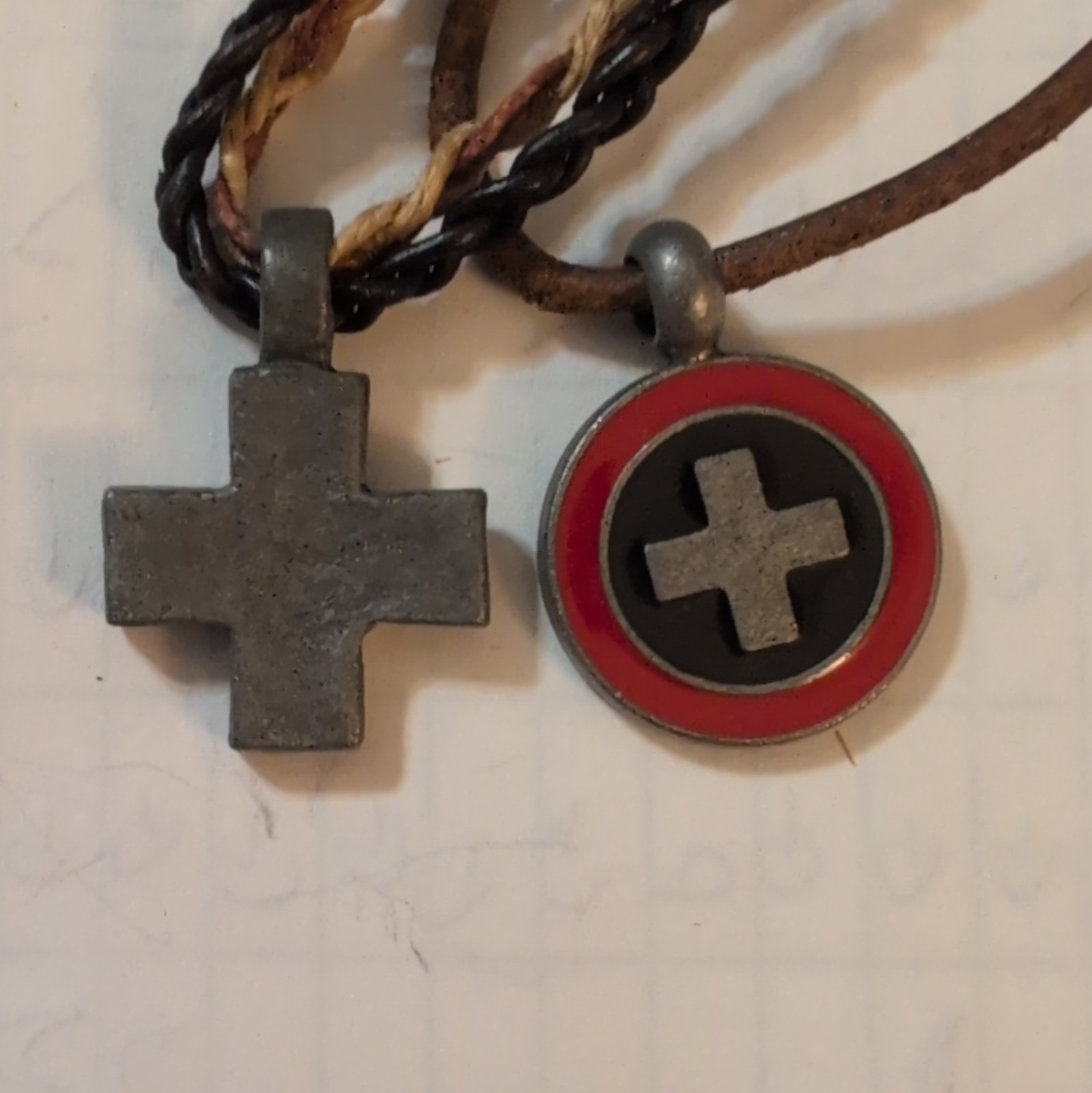 AE Two Brown And Black Leather Cord Necklace Cross Charm Pendant Tie Closure