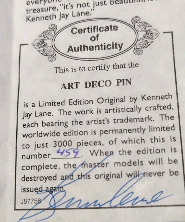 KENNETH JAY LANE Jade Limited Edition Art Deco Brooch Pin Box Cert Handsigned