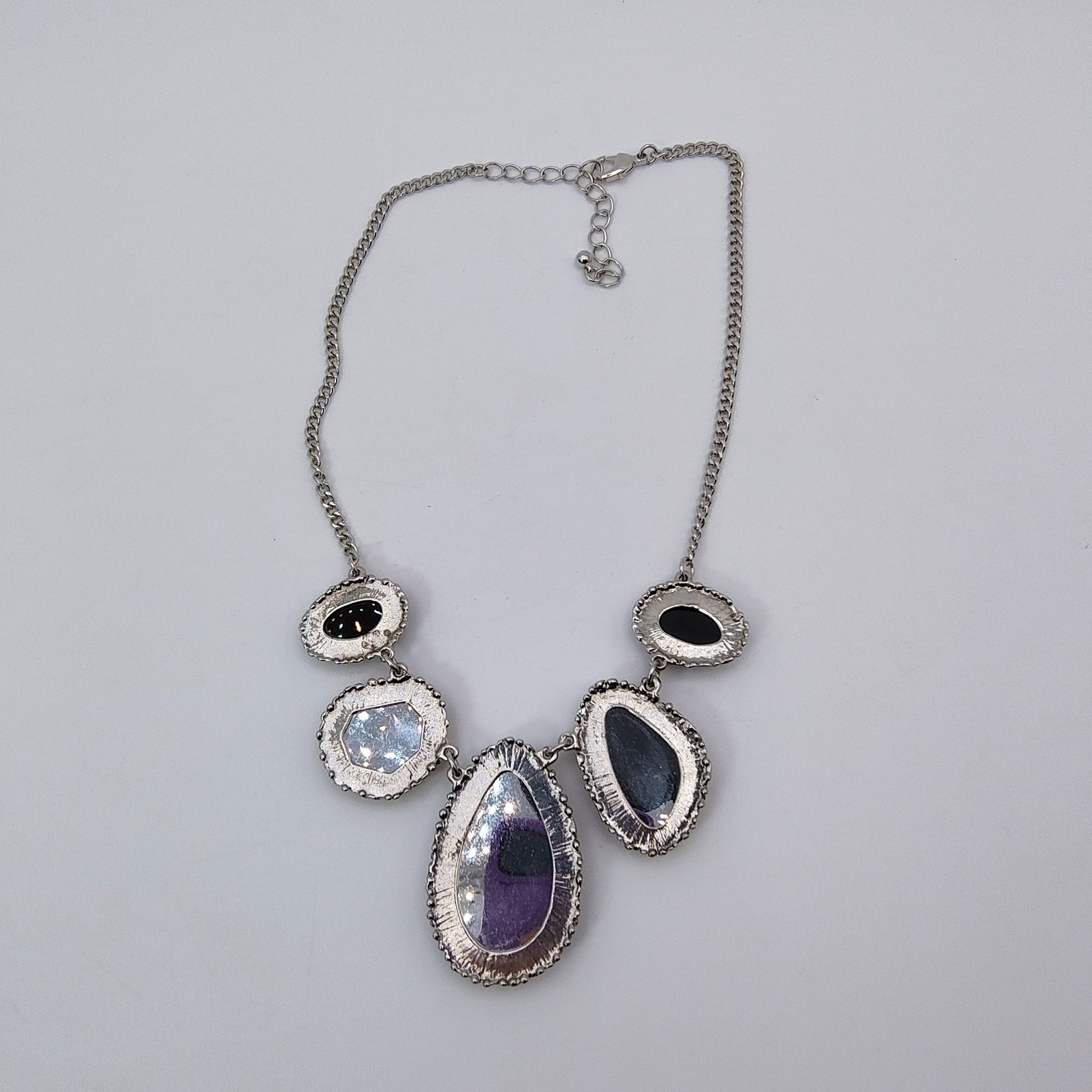 Y2K Retro Glam Statement Necklace Silver Tone Acrylic Rhinestone Boho Chic