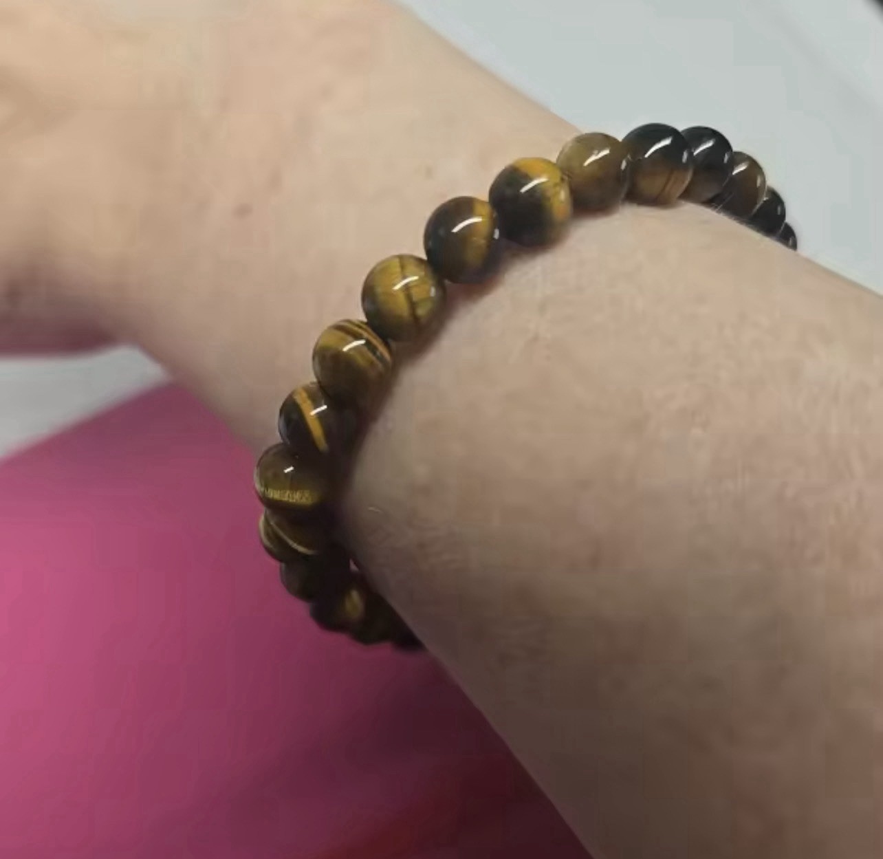 Beaded bracelet with natural Tiger’s Eye gemstone, brown/yellow, 8mm