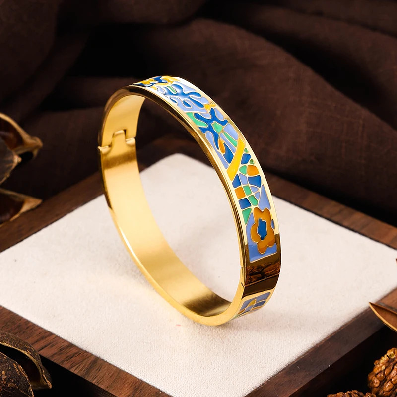 Stainless Steel Enamel Cuff Bangle Women Gold Tone Geometric Round Jewelry